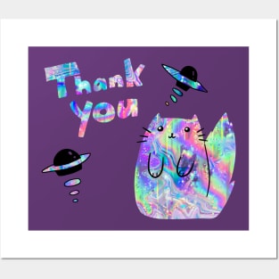 "Thank You" Space Holographic Cat Posters and Art